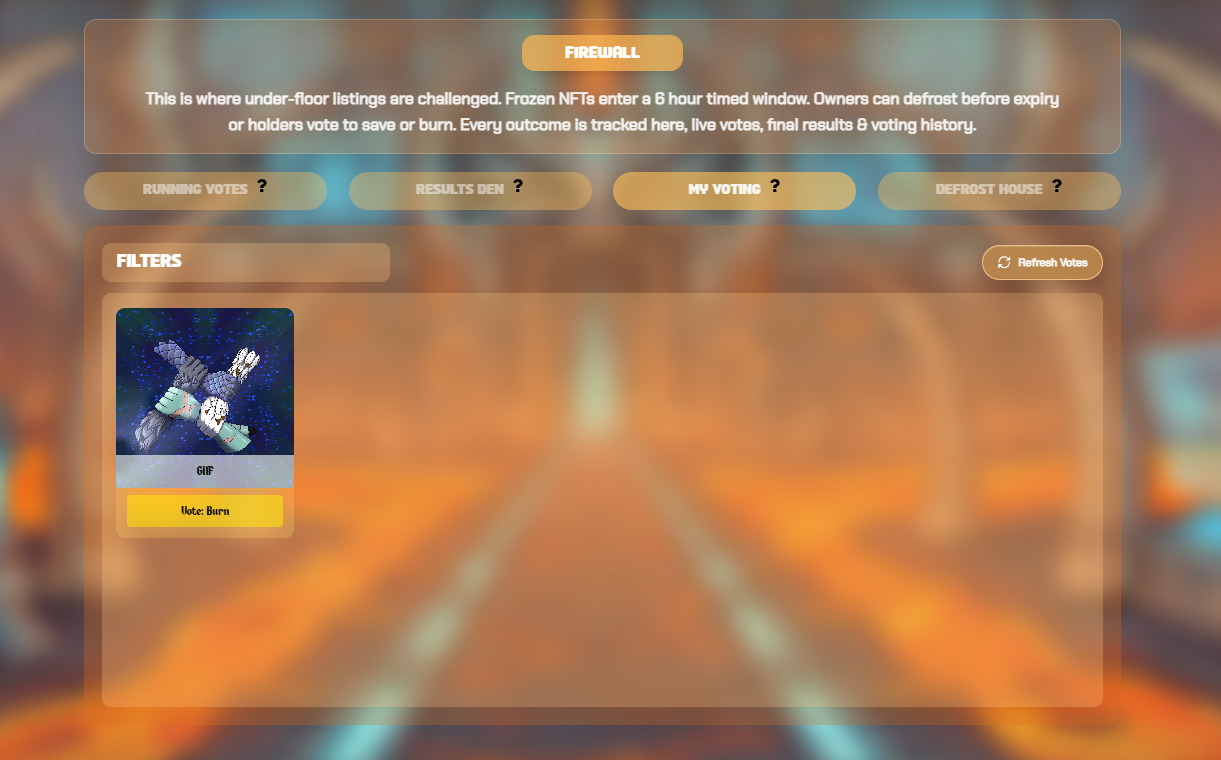 The My Voting screen showing a recorded Burn vote for the GNF NFT
