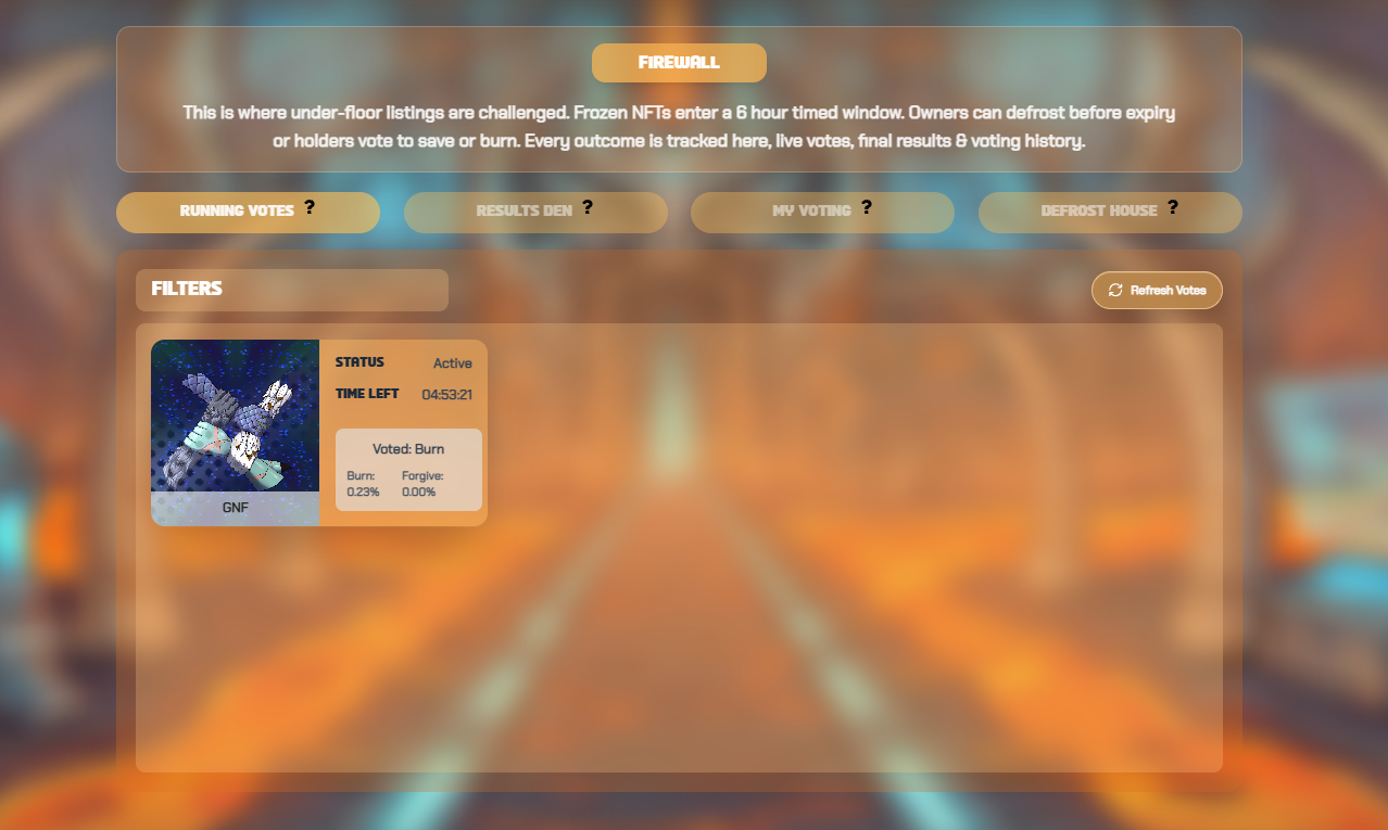 The Running Votes screen showing the active NFT, remaining time and live Burn and Forgive percentages