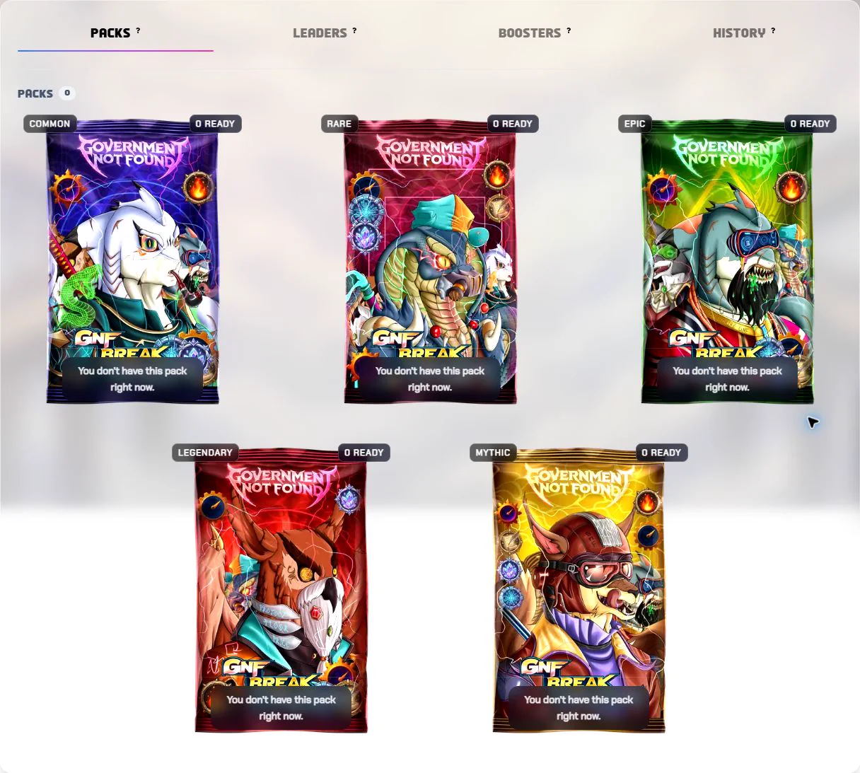 The current profile inventory with Packs, Leaders, Boosters and History